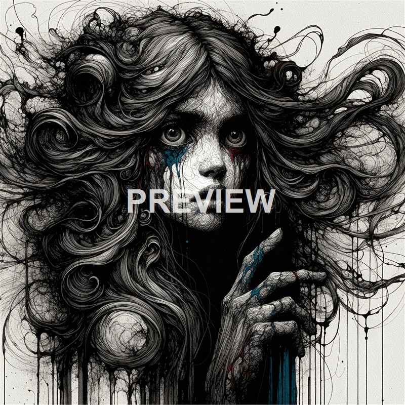 An intricate black and white illustration of a woman with flowing, curly hair, expressive eyes with tears, and a contemplative pose, with paint drips and splatters adding a dynamic, artistic effect.